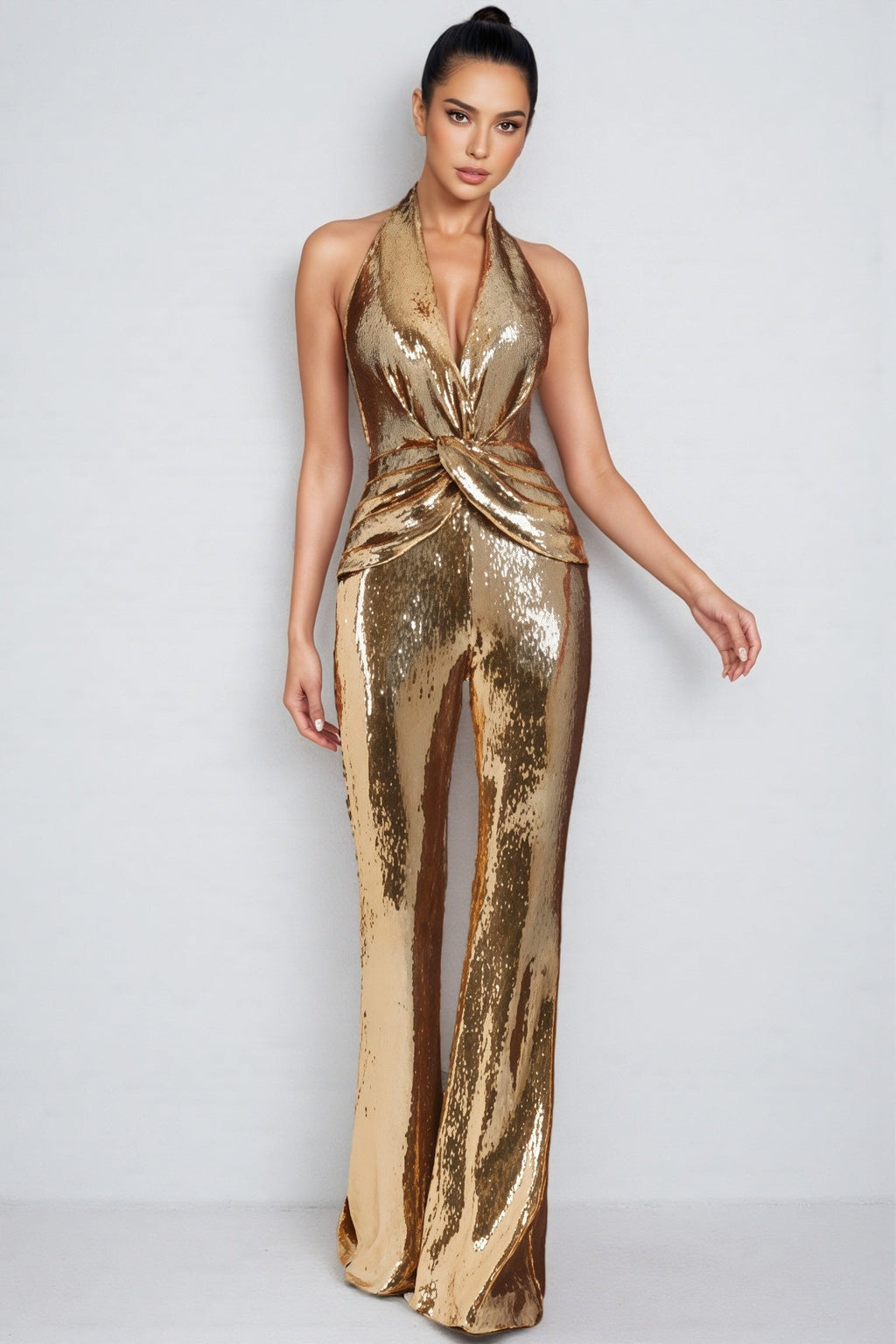 EVIE | Twisted Front Metallic Sleeveless Jumpsuit