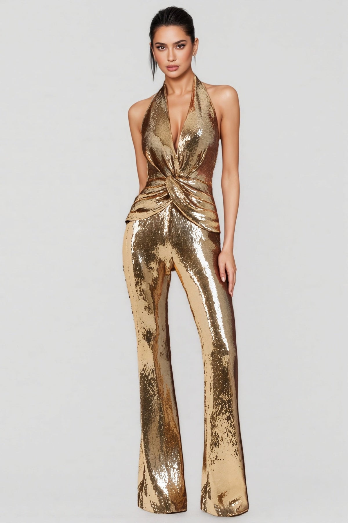 EVIE | Twisted Front Metallic Sleeveless Jumpsuit