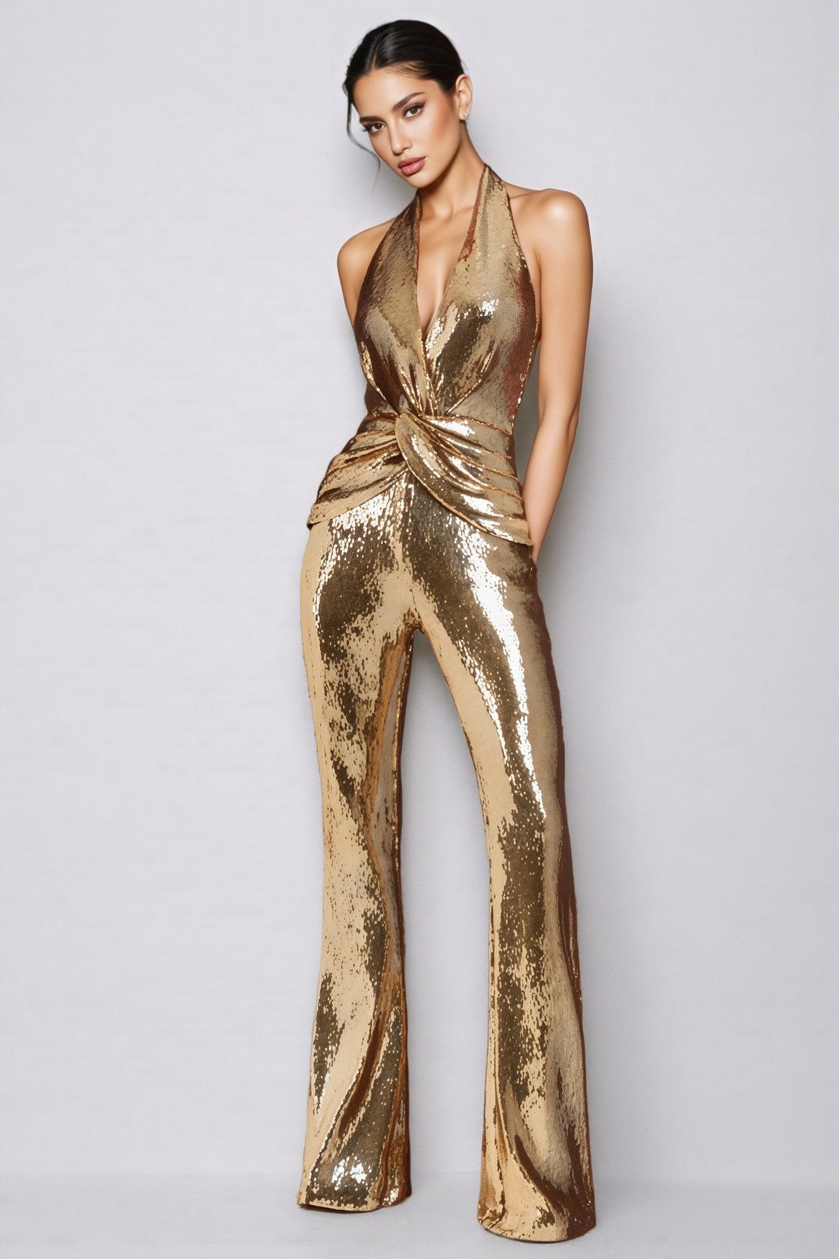 EVIE | Twisted Front Metallic Sleeveless Jumpsuit