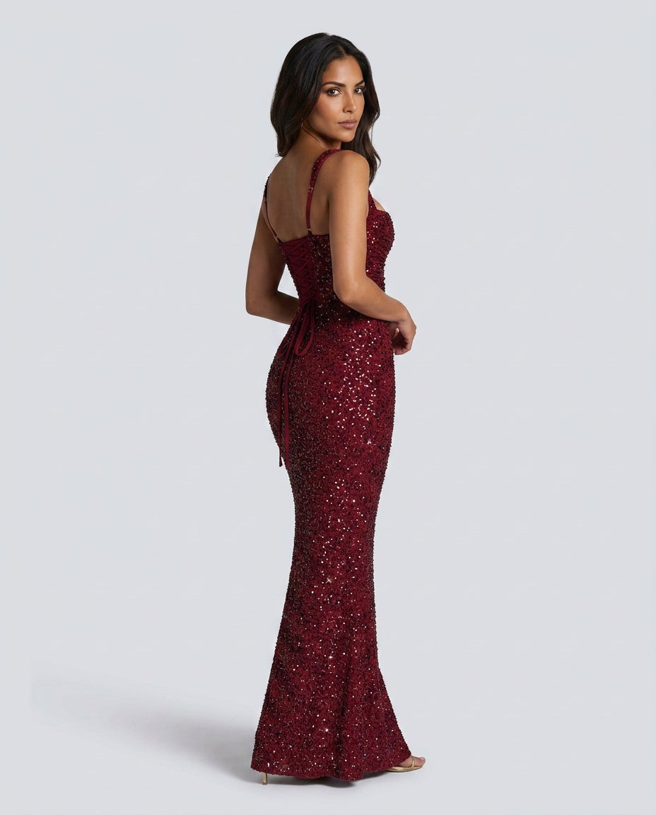 EVIE | Sequin Tie-Up Square Neck Maxi Dress