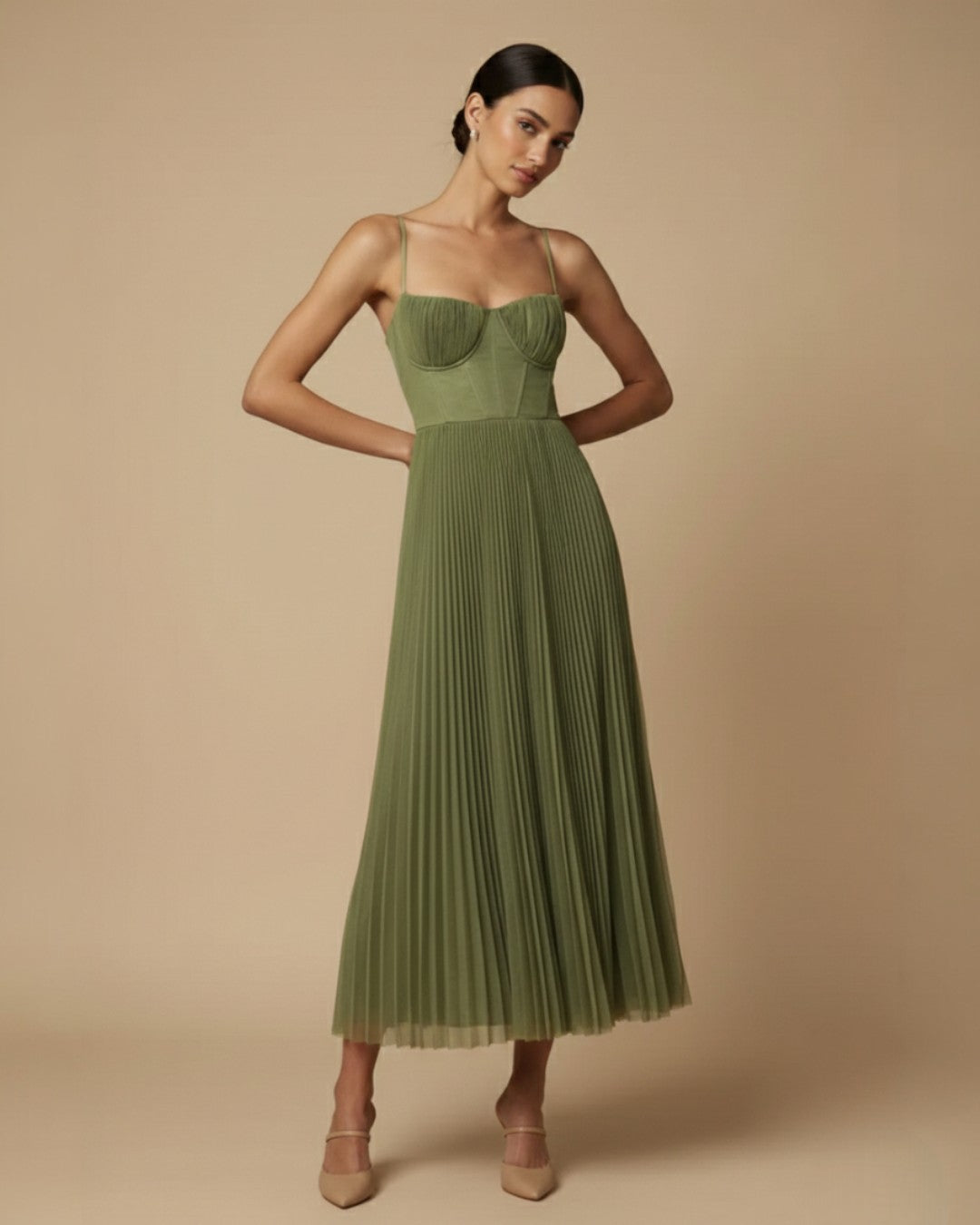 EVIE | Pleated Tulle Sleeveless Midi Dress