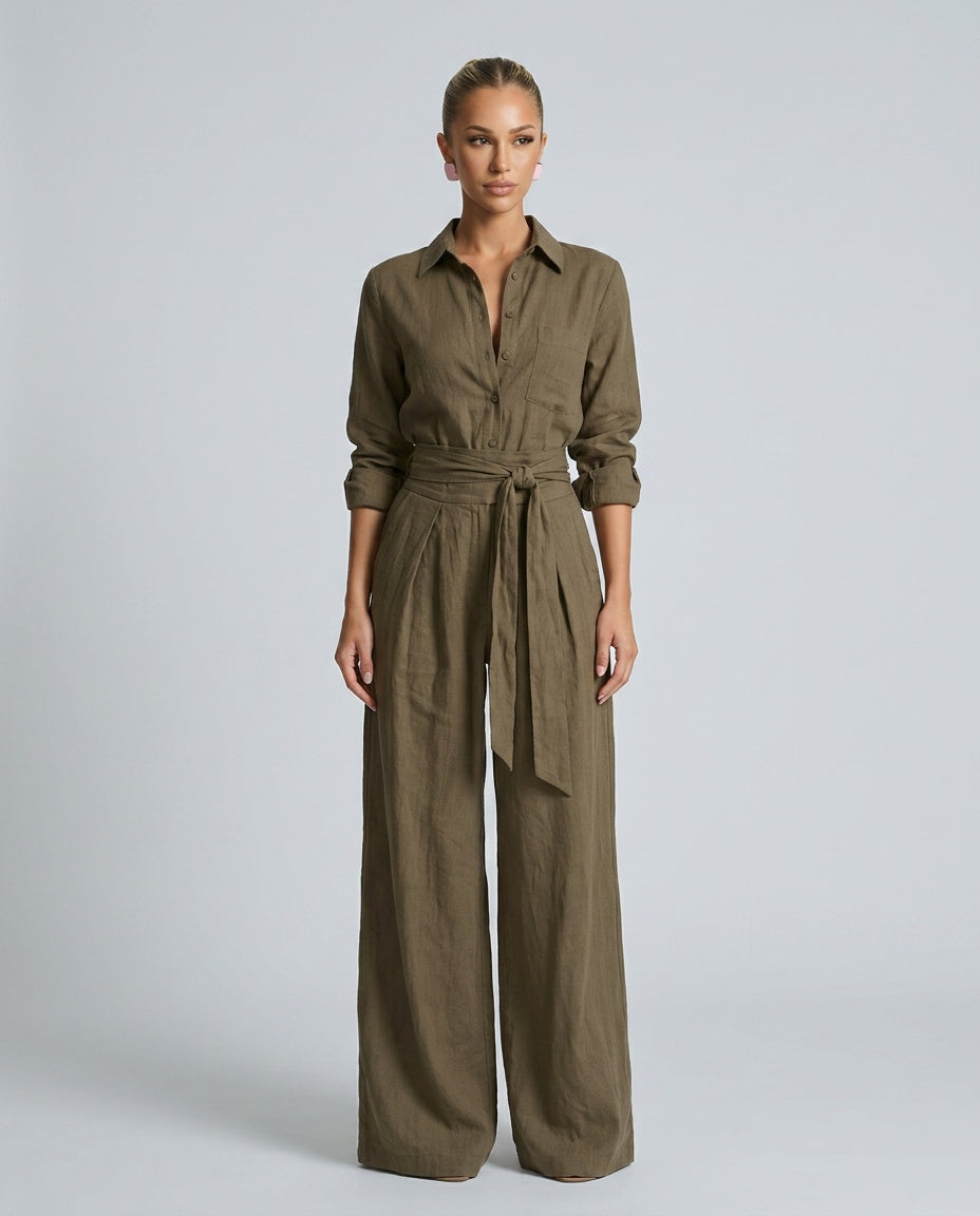 EVIE | Long Sleeve Shirt Collar Belted Jumpsuit