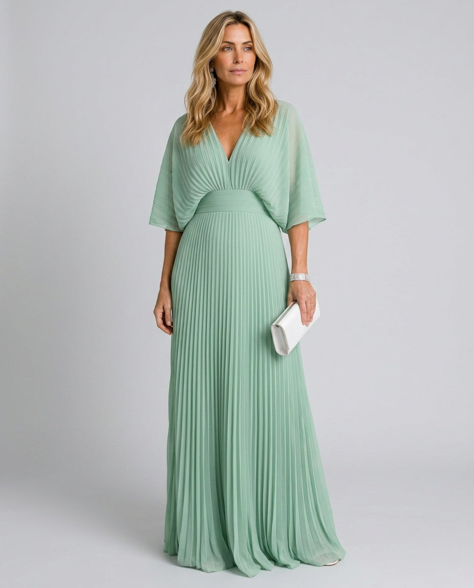 EVIE | V-Neck Short Sleeve Pleated Maxi Dress
