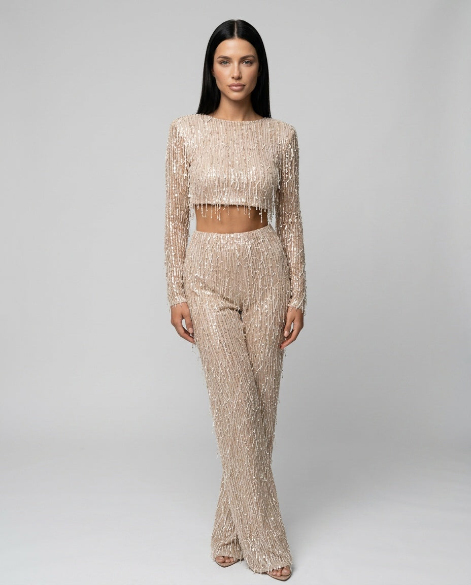 EVIE | Sequin Long Sleeve Crop Top Wide Leg Pants Set