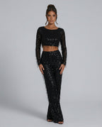 EVIE | Sequin Long Sleeve Crop Top Wide Leg Pants Set