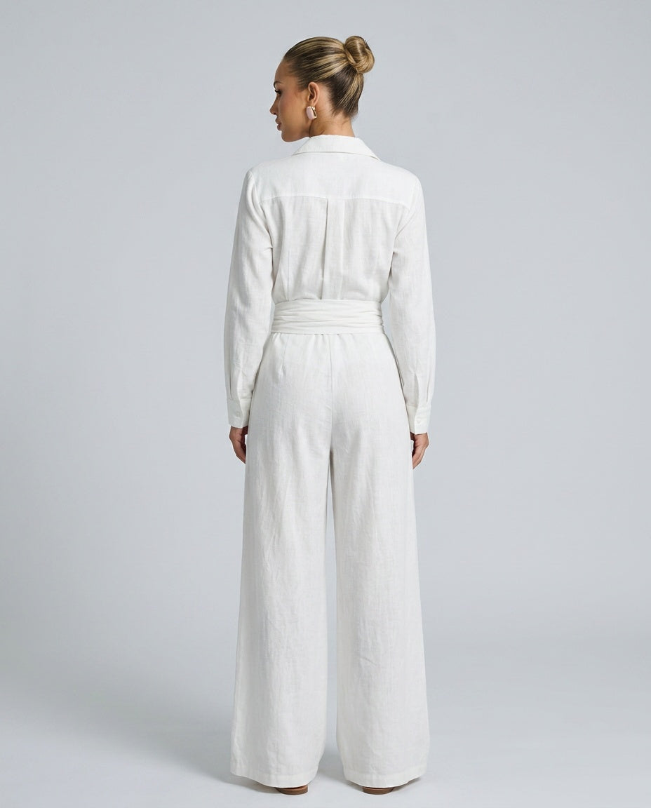 EVIE | Long Sleeve Shirt Collar Belted Jumpsuit