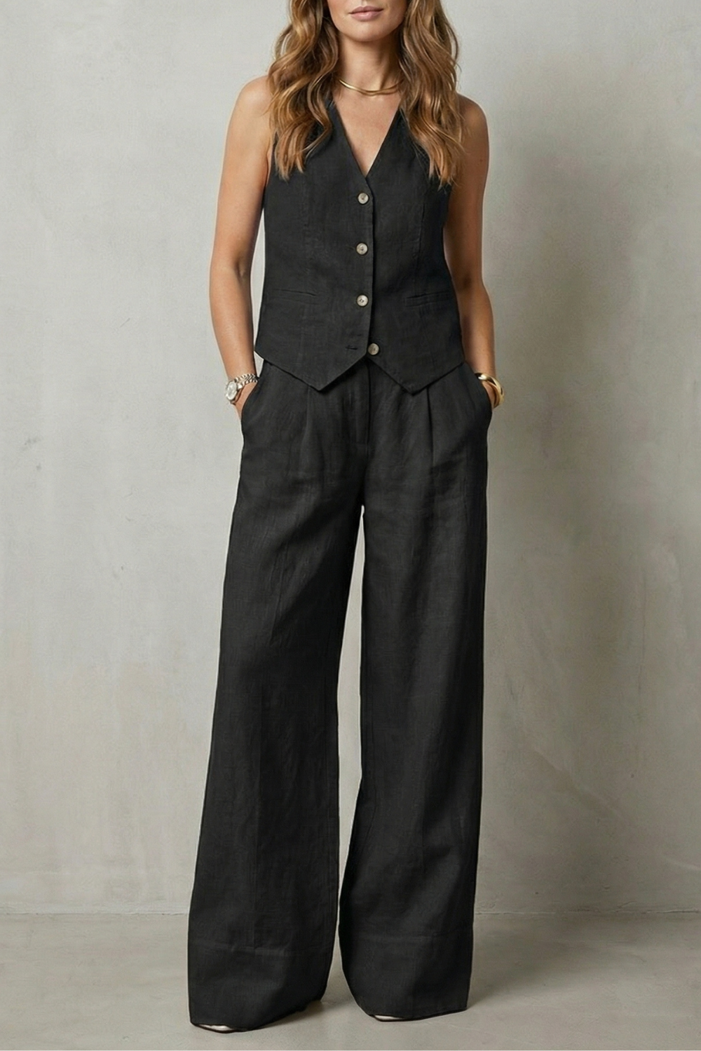 EVIE | Sleeveless Tailored Vest Wide Leg Pants Set
