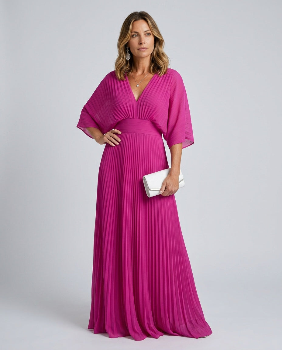 EVIE | V-Neck Short Sleeve Pleated Maxi Dress