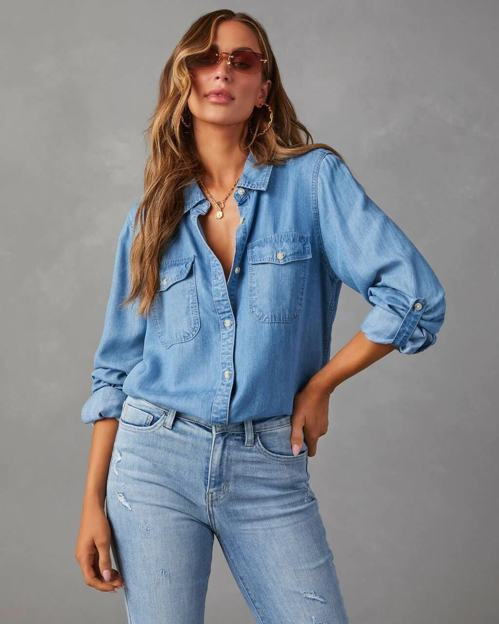 EVIE | Long Sleeve Button Front Denim Shirt