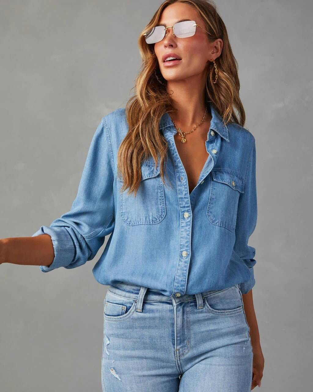 EVIE | Long Sleeve Button Front Denim Shirt