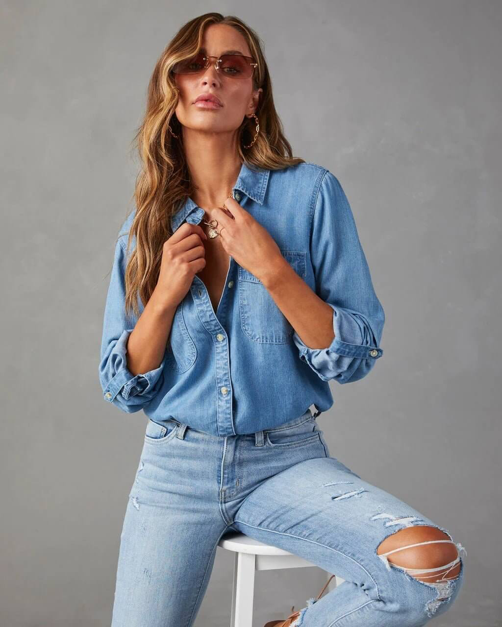 EVIE | Long Sleeve Button Front Denim Shirt