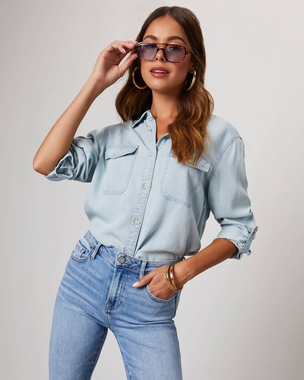 EVIE | Long Sleeve Button Front Denim Shirt