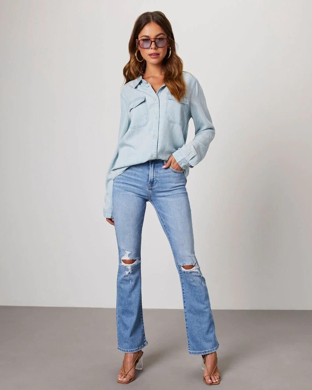 EVIE | Long Sleeve Button Front Denim Shirt