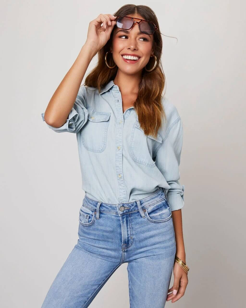 EVIE | Long Sleeve Button Front Denim Shirt