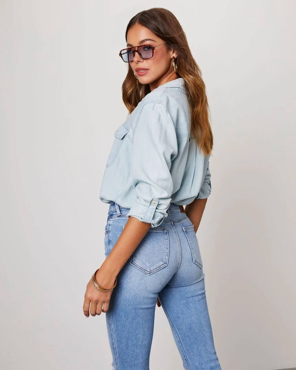 EVIE | Long Sleeve Button Front Denim Shirt