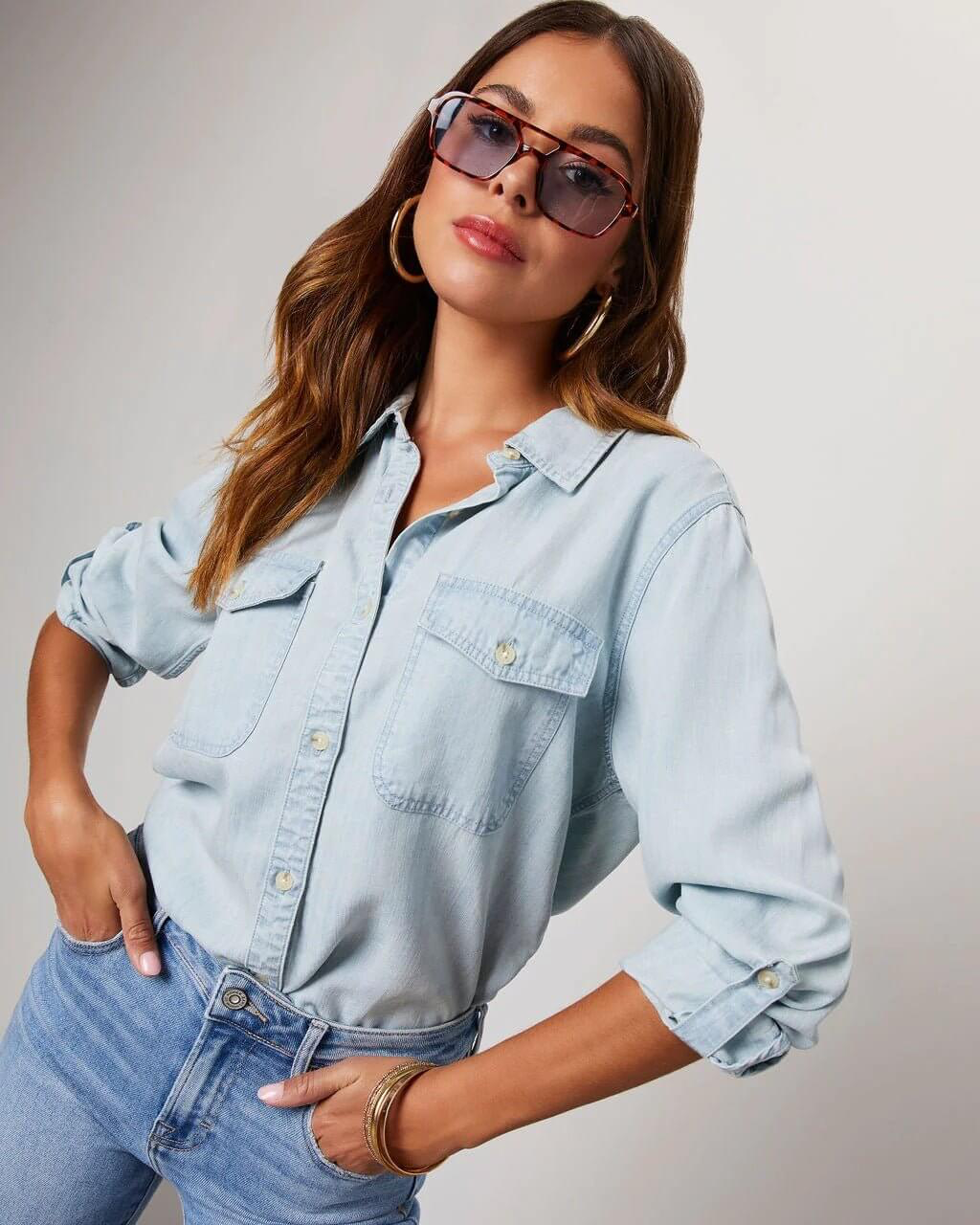 EVIE | Long Sleeve Button Front Denim Shirt