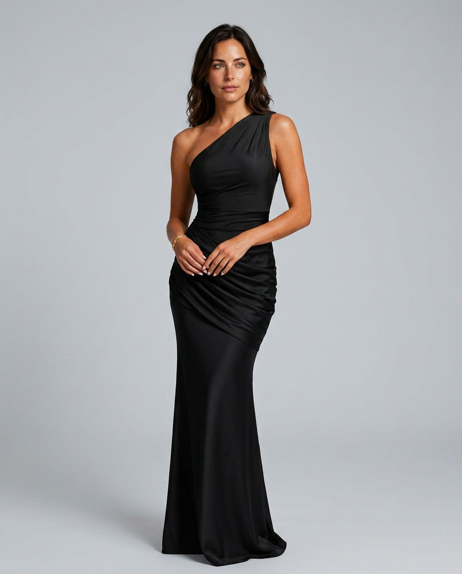 EVIE | One Shoulder Draped Satin-Look Maxi Dress
