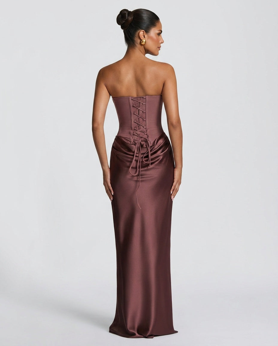 EVIE | Lace-Up Corset Strapless Maxi Dress