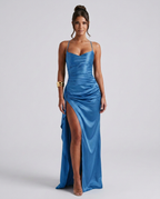 EVIE | Draped Ruched Waist Satin-Look Maxi Dress