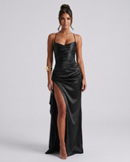 EVIE | Draped Ruched Waist Satin-Look Maxi Dress