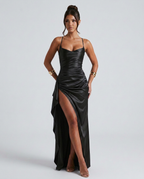 EVIE | Draped Ruched Waist Satin-Look Maxi Dress