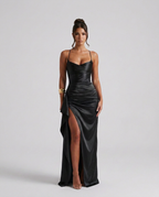 EVIE | Draped Ruched Waist Satin-Look Maxi Dress
