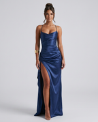 EVIE | Draped Ruched Waist Satin-Look Maxi Dress