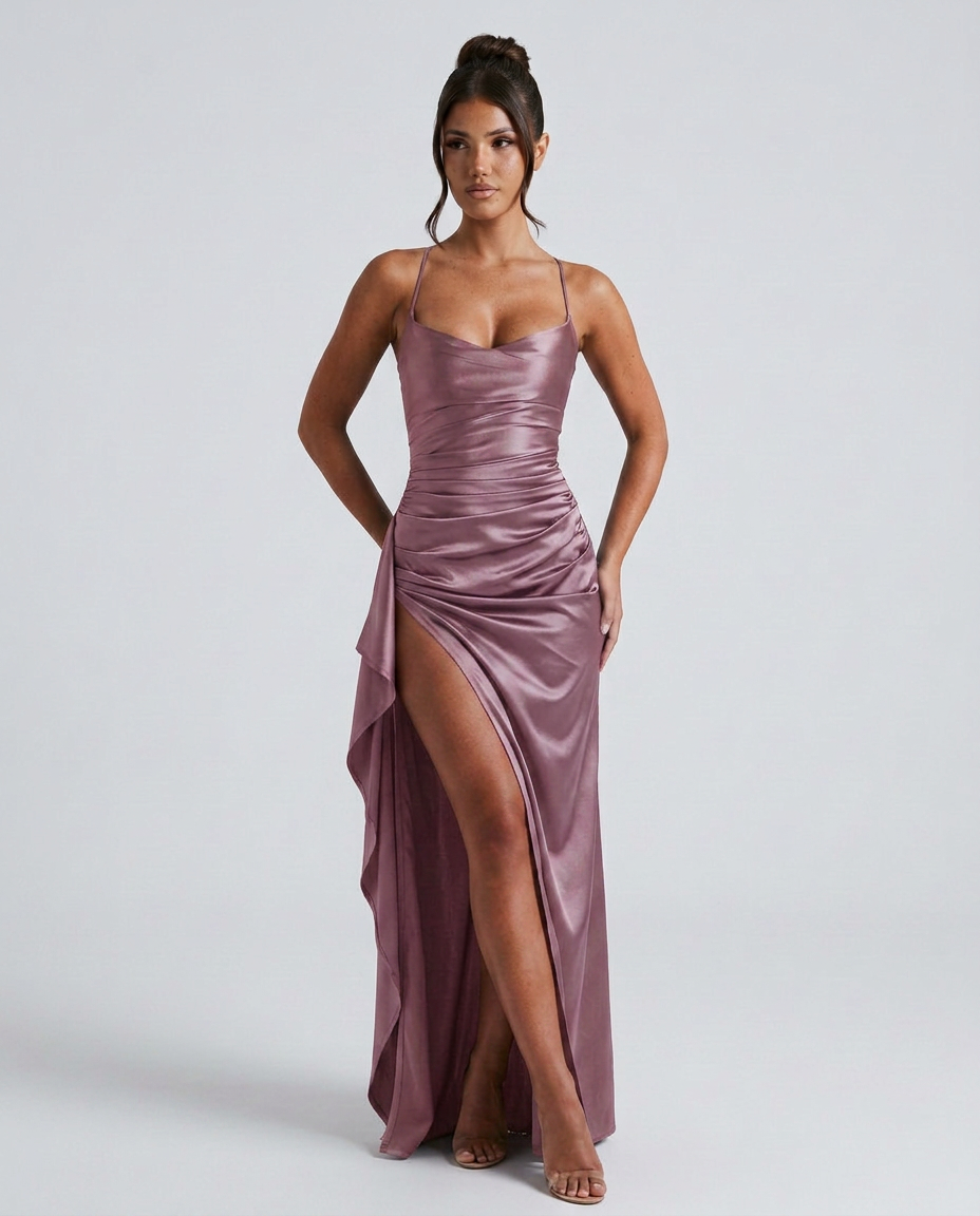 EVIE | Draped Ruched Waist Satin-Look Maxi Dress
