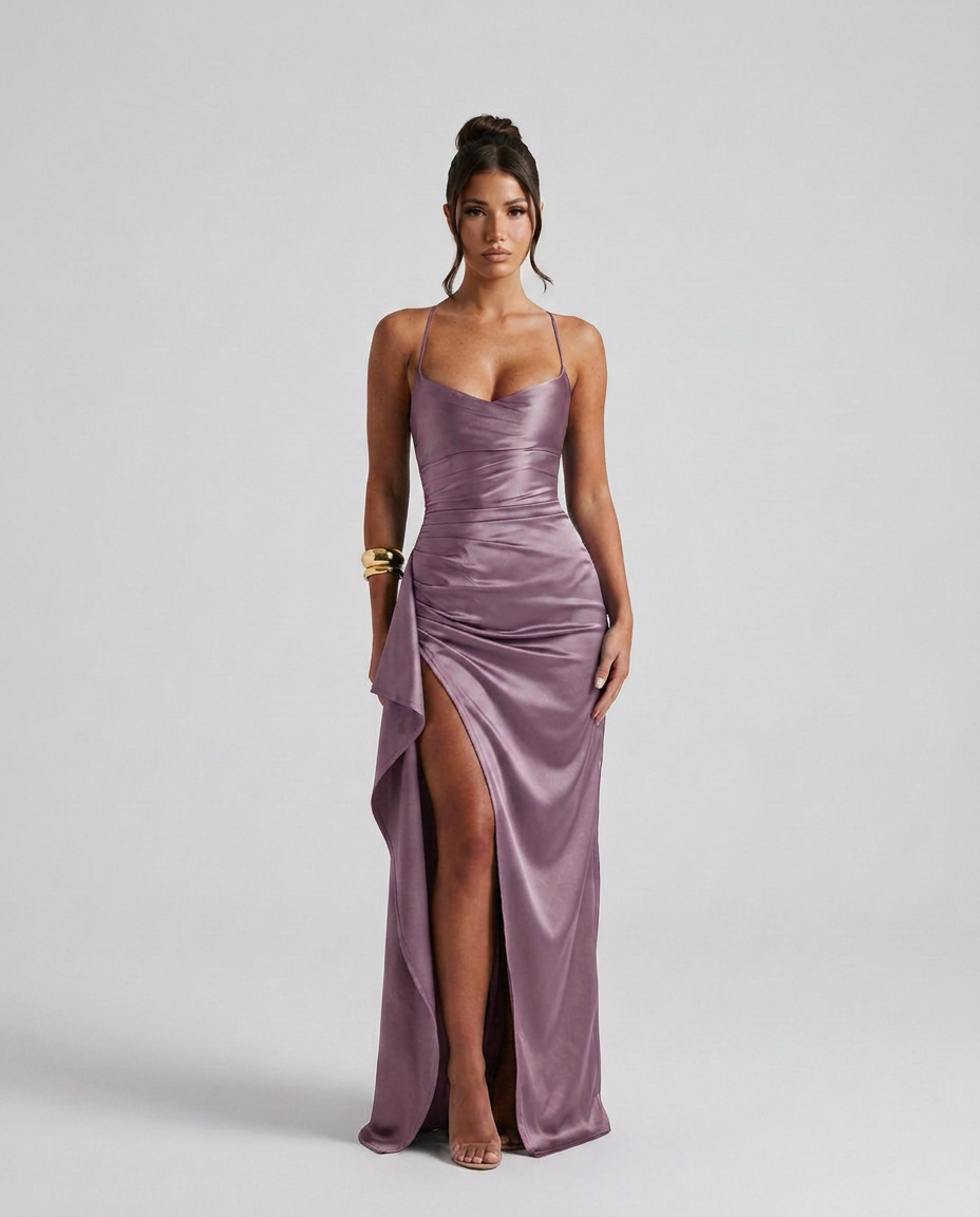 EVIE | Draped Ruched Waist Satin-Look Maxi Dress