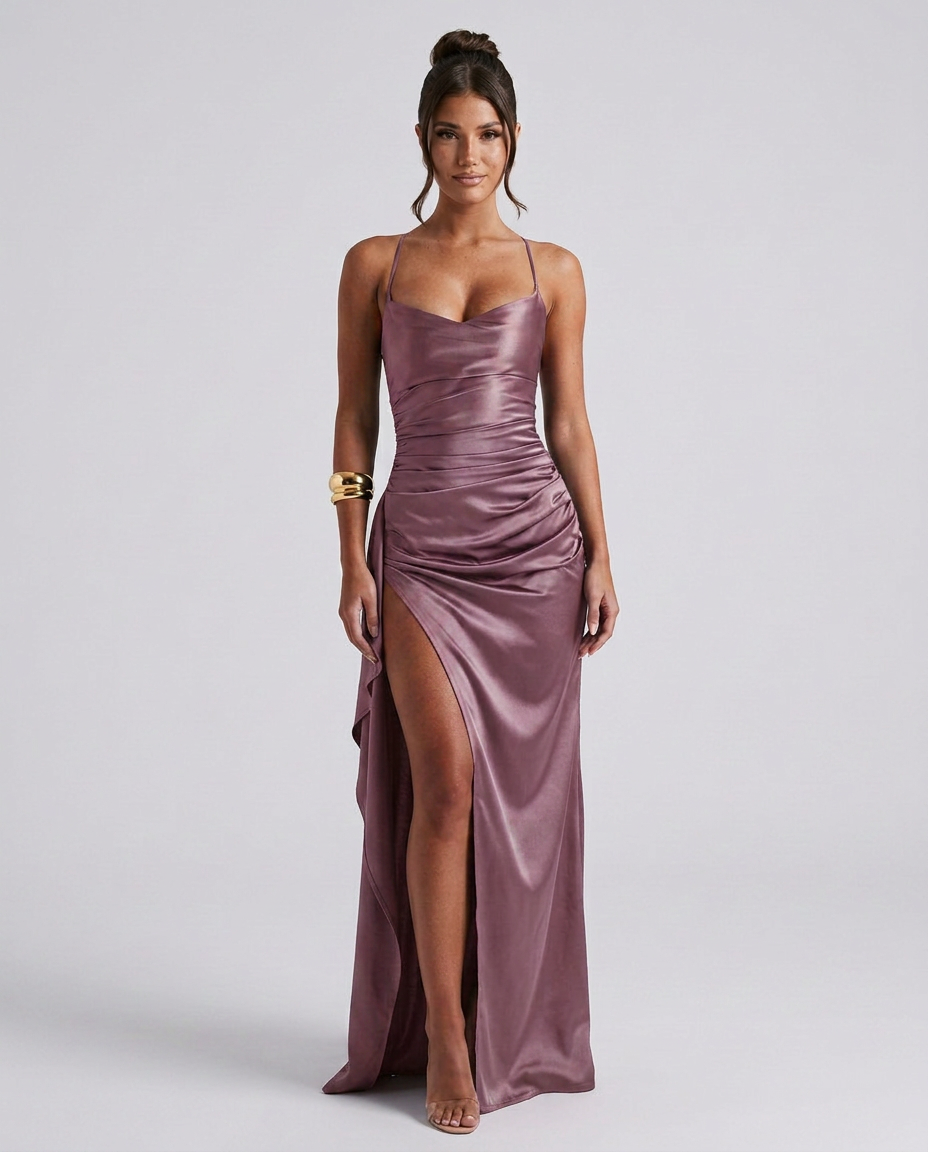 EVIE | Draped Ruched Waist Satin-Look Maxi Dress