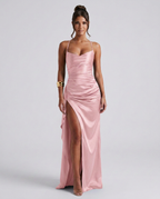 EVIE | Draped Ruched Waist Satin-Look Maxi Dress
