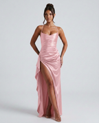 EVIE | Draped Ruched Waist Satin-Look Maxi Dress