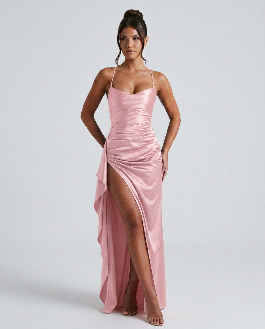 EVIE | Draped Ruched Waist Satin-Look Maxi Dress