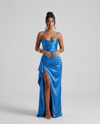 EVIE | Draped Ruched Waist Satin-Look Maxi Dress