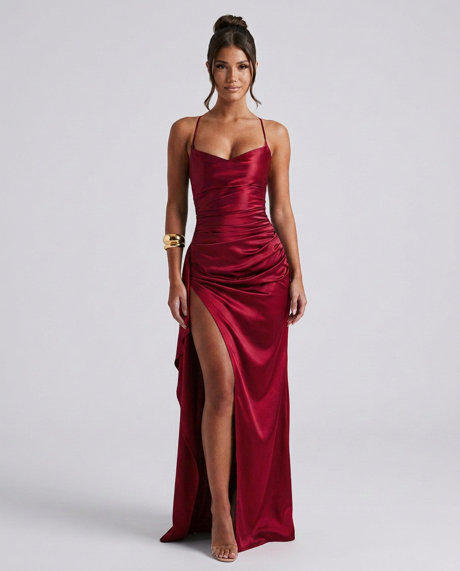 EVIE | Draped Ruched Waist Satin-Look Maxi Dress