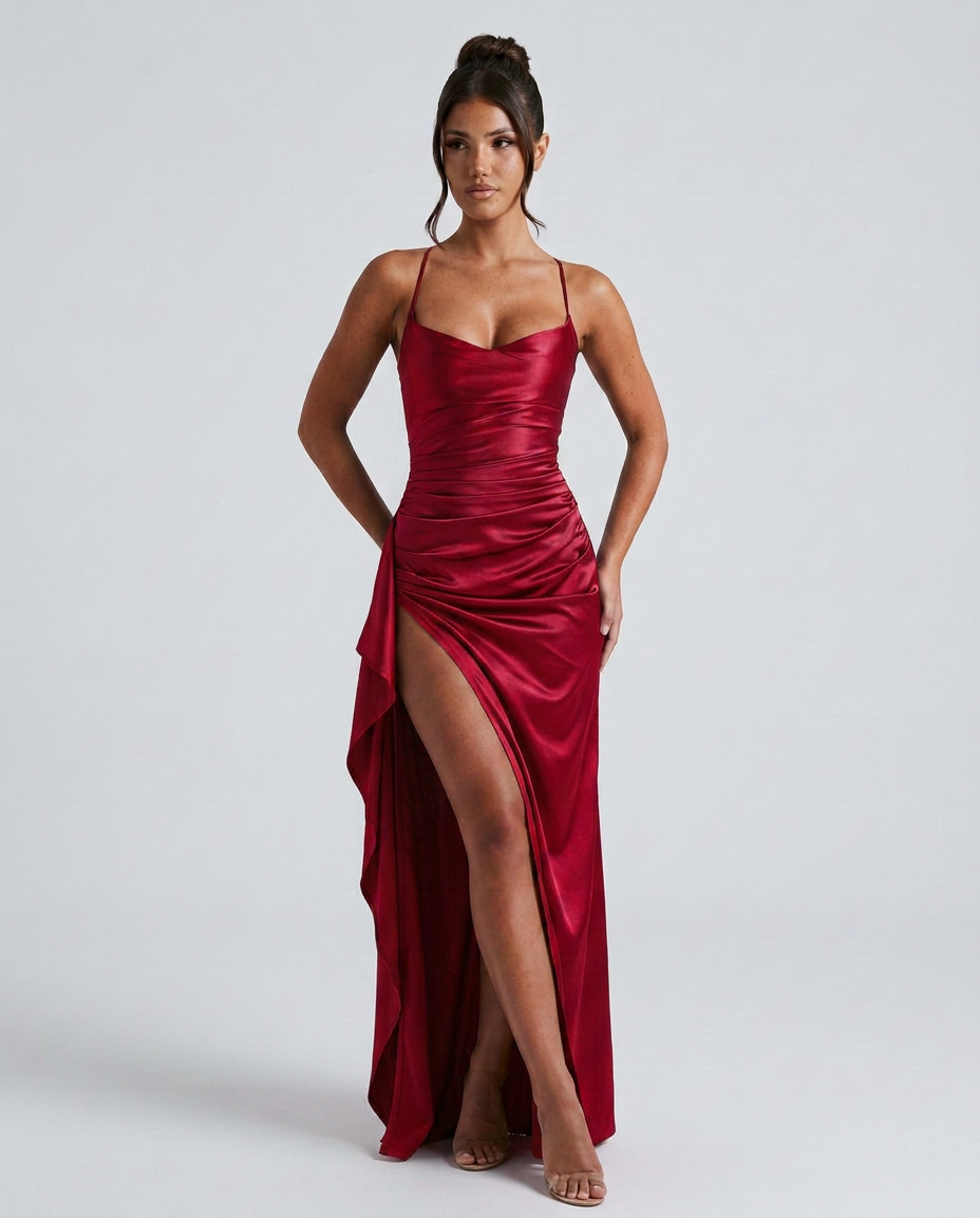 EVIE | Draped Ruched Waist Satin-Look Maxi Dress