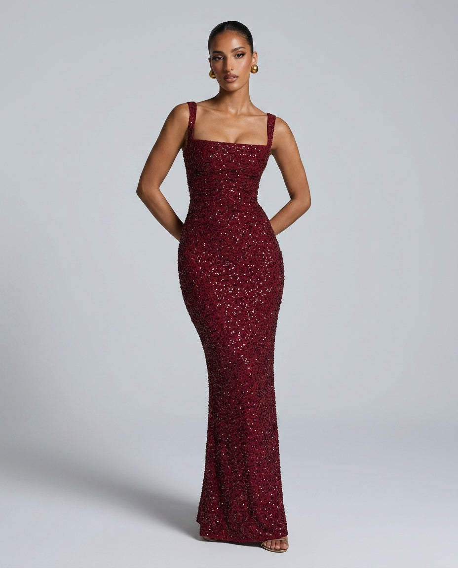 EVIE | Sequin Tie-Up Square Neck Maxi Dress
