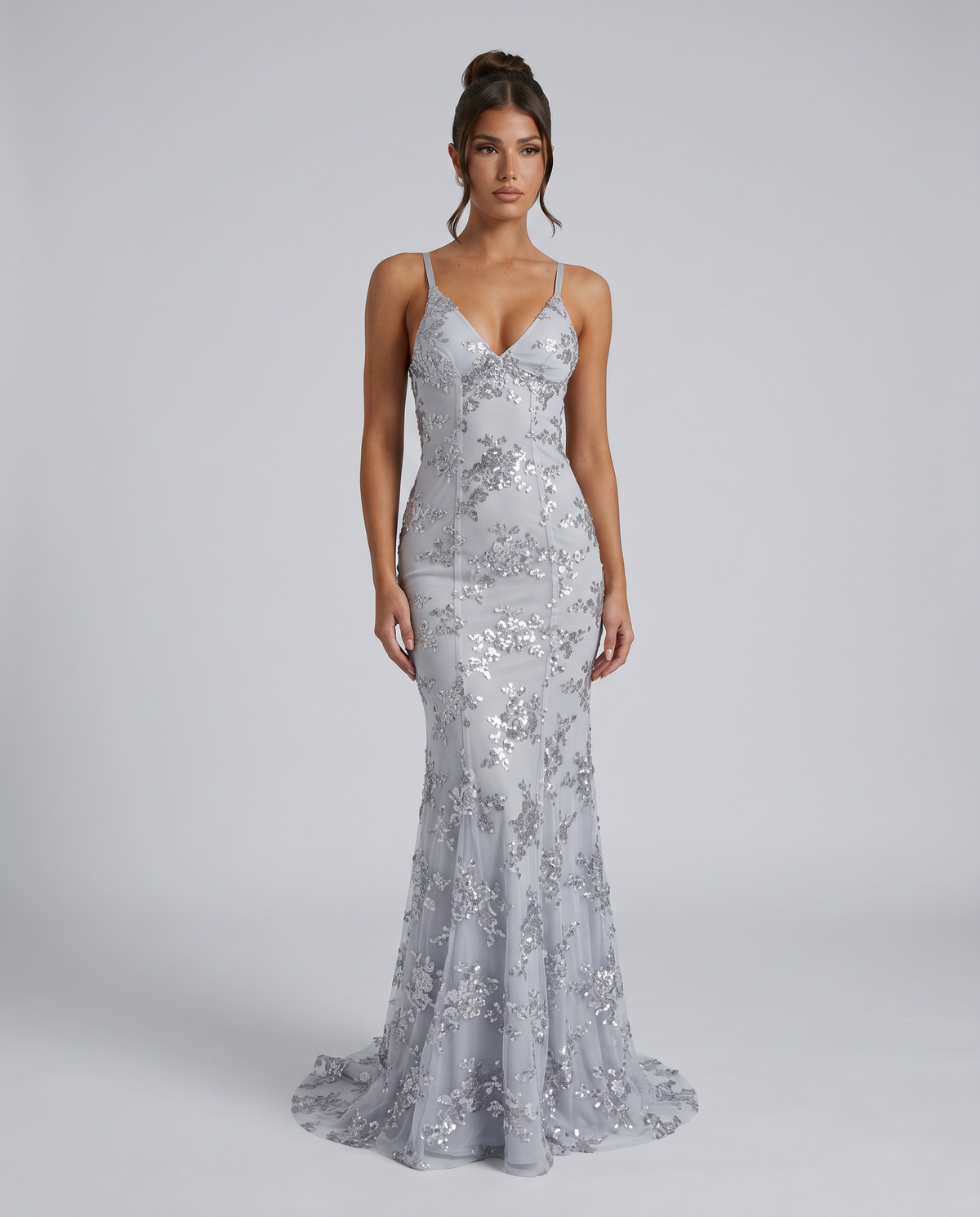 EVIE | Embellished Mesh Deep V-Neck Maxi Dress
