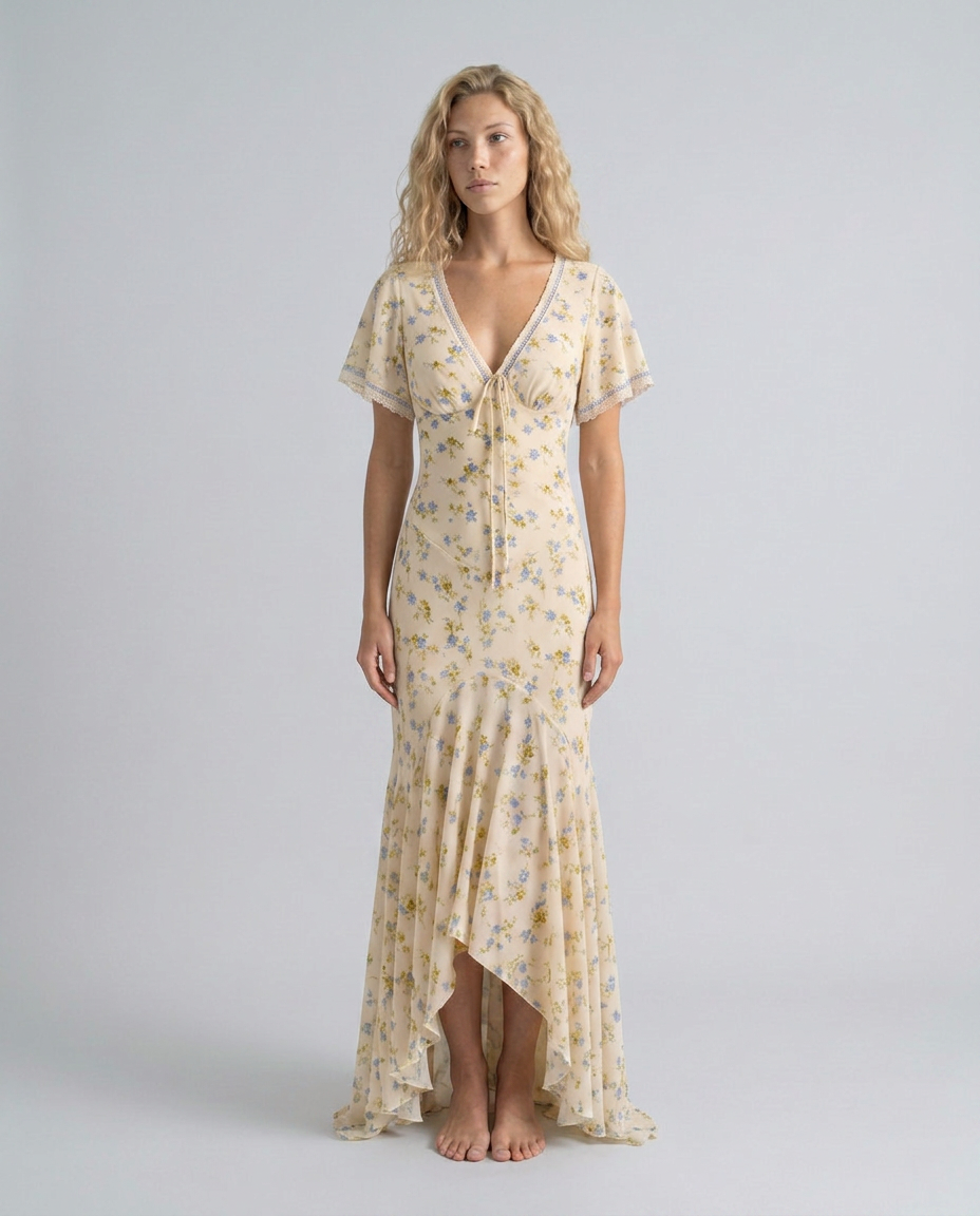 EVIE | Floral Print Lace Trim Cap Sleeve Maxi Dress
