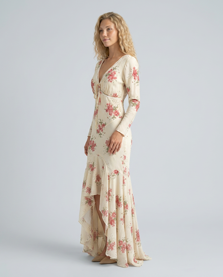EVIE | Floral Print Lace Trim Cap Sleeve Maxi Dress