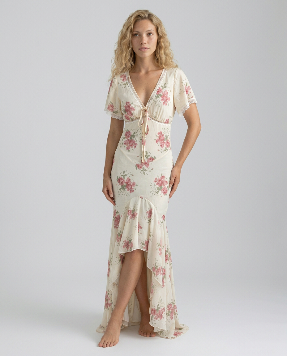 EVIE | Floral Print Lace Trim Cap Sleeve Maxi Dress