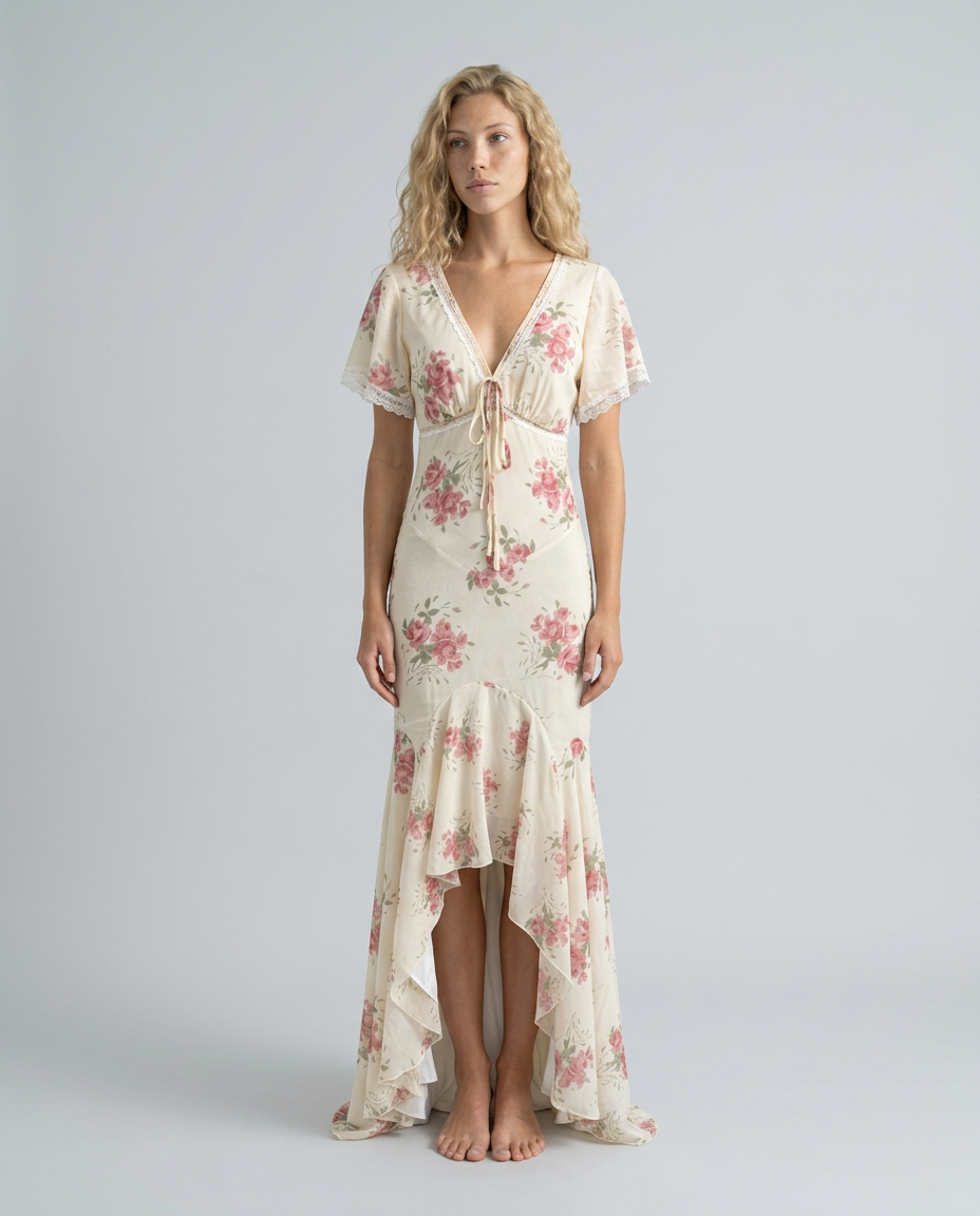 EVIE | Floral Print Lace Trim Cap Sleeve Maxi Dress