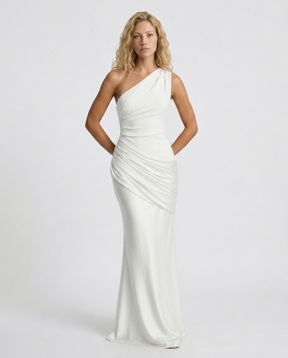 EVIE | One Shoulder Draped Satin Maxi Dress