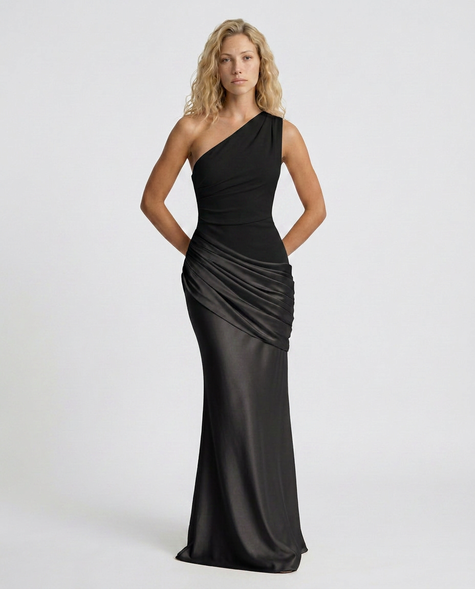 EVIE | One Shoulder Draped Satin Maxi Dress