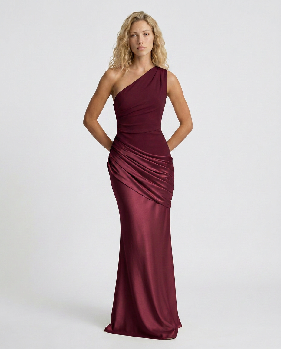 EVIE | One Shoulder Draped Satin Maxi Dress