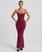 EVIE | Strapless Ruched Mesh Fluted Hem Maxi Dress