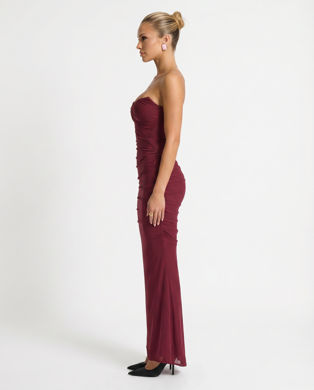 EVIE | Strapless Ruched Mesh Fluted Hem Maxi Dress