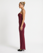 EVIE | Strapless Ruched Mesh Fluted Hem Maxi Dress