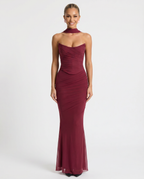 EVIE | Strapless Ruched Mesh Fluted Hem Maxi Dress