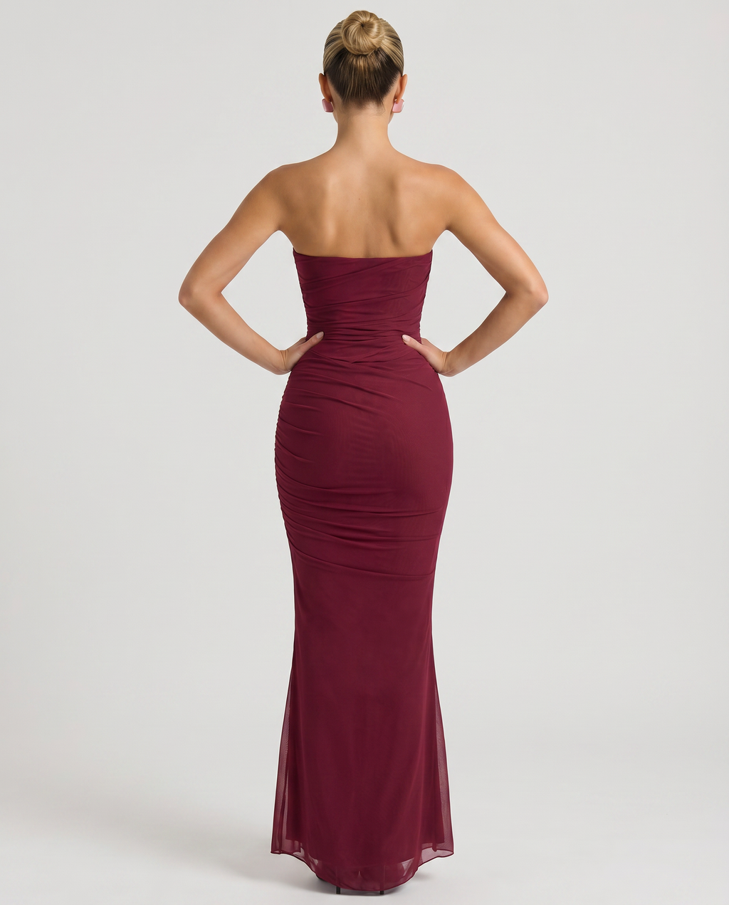 EVIE | Strapless Ruched Mesh Fluted Hem Maxi Dress